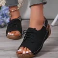 Nahaufnahme von schwarzen Plateau-Sandalen mit weißen Ziernähten - 36 / Schwarz