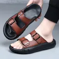 Sandales en cuir de vachette véritable marron pour hommes avec doubles boucles - 38 / Marron