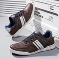 Classic brown men's casual board shoes with white stripes and star pattern for daily wear - 39 / Brown