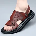 Sandales de luxe en cuir marron pour hommes avec semelle noire épaisse antidérapante - 38 / Marron (6678)