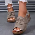 Detailansicht von Damen-Plateausandalen mit Schnürung und Fischmaul in Khaki - 36 / Khaki