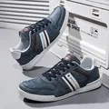 Blue distressed faux leather men's casual board shoes with sporty white stripes - 39 / Blue