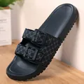 Men's navy blue comfortable slide sandals with double buckle straps and textured pattern - 40 / Black