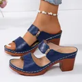 Gros plan sur des sandales bleues à talons épais avec motif en treillis et doré - Bleu
