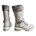 Detailed view of women's grey mid-calf martin boots featuring a warm knit collar and buckle - 36 / White