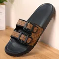 Men's summer casual soft sole slides featuring brown patterned straps with double buckles - 40 / Light Brown