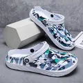 Modern men's non-slip beach clogs featuring a blue and green camouflage pattern design - 38 / White Blue