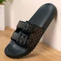 Men's comfortable black slide sandals with brown monogram straps and double buckles - 40 / Brown