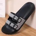 Soft comfortable men's black slides with stylish double buckle straps and patterned fabric - 40 / Gray