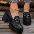 Dames loafers met blokhak, plateauzool en metalen gesp detail in zwart leerlook - 35 / Zilveren Dubbele Ring Gespstijl / Zwart
