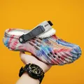 Colorful patterned clog with white fuzzy lining and adjustable strap on yellow background - 40 / Gray