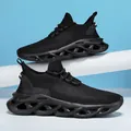 All black breathable mesh sneakers for men featuring stylish chunky hollow wavy soles - 36 / Black