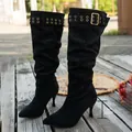 Black slouchy suede knee-high boots featuring a 7.5cm stiletto heel height detail - Black