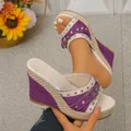 Stylish purple wedge sandals with metal rivets and buckle for women, square toe - 36 / Purple