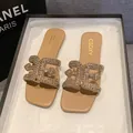 Elegant beige rhinestone flat slippers with square toe and interlocking buckle detail - 35 / Khaki