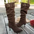 Brown suede slouchy knee-high boots with stiletto heel and decorative buckle strap detail - Coffee