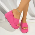 Elegant hot pink platform wedge slide sandals featuring a comfortable soft fabric upper - 35 / Rose Red