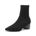 Elegant black pointed-toe knit sock boots with a comfortable chunky block heel design - 34 / Black