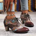 Vintage ethnic floral print thick high heel lace-up ankle boots for women. - 38 / Burgundy