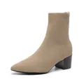 Elegant milk tea colored pointed-toe knit sock boots with elastic fabric and chunky mid heel - 34 / Milk Tea