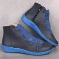 Side view of casual black women's ankle boots with vibrant blue soles and cross laces. - 35 / Blue
