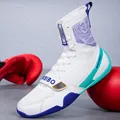 Professional white high-top boxing shoes with purple accents for indoor training - 36 / White Blue