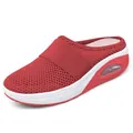 Detailed view of women's red mesh platform mule slipper featuring an air cushion heel. - 35 / Red