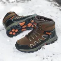 Durable men's winter hiking boots with warm plush lining shown in a snowy outdoor setting - 39 / Outdoor Warm Fleece Hiking Shoes (2511) / Brown Fleece Lined