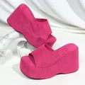 Stylish fuchsia pink platform wedge slippers with faux suede finish for summer women - 35 / Rose Red (Concave)
