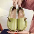 Grasgrüne Slipper aus echtem Leder für Damen mit flacher Sohle und Schleifendekoration - 35 / Grasgrün