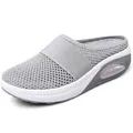 Close-up of grey breathable mesh mule with thick white platform sole and air cushion. - 35 / Gray