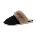Bequeme schwarze Damen-Hausschuhe aus Wildlederimitat mit flauschigem khakifarbenem Fell - 36/37 / Schwarz