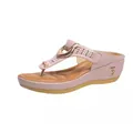 Elegant pink wedge thong sandals for women featuring gold metallic buckle and side logo detail - 35 / Pink