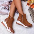 Brown vintage wedge ankle boots with side zipper and crocodile pattern leather detail - Brown