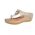 Side view of women's beige wedge thong sandals with decorative gold ring and buckle - 35 / Milky White