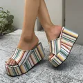 Colorful rainbow striped platform wedge sandals for women casual beach style. - 35 / Green Stripes