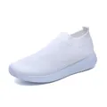 Detailed view of white knit elastic sock shoe with breathable mesh and ribbed sole. - 35 / White