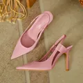 Elegant pink satin pointed-toe high heels with a stylish slingback strap design - 35 / Satin Pointed Toe Slingback Stiletto Style / Pink