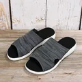 Stylish grey knitted fabric flat slide sandals for women on rustic wood background - 35 / Gray