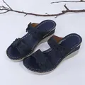 Close-up detail of navy blue wedge sandals with elegant floral and rhinestone decorations - 35 / Dark Blue