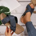 Vintage blue crossover strap platform wedge sandals with studded cork texture sole - 35 / Navy Blue Twist