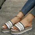 Detailed macro view of women ethnic platform slides featuring woven geometric patterns and jute rope soles - 35 / White