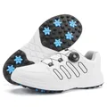 Professional white men's golf shoes with rotary dial laces and blue spiked soles - 39 / White