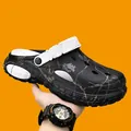 Sporty breathable clogs with marble pattern and white strap for summer beach wear - Black and White