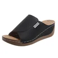 Detail view of black platform wedge sandals with white stitching and peep toe. - 36 / Black