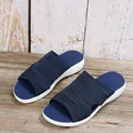 Comfortable navy blue knit flat slides for women in casual summer style - 35 / Blue
