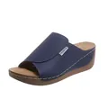 Side view of a blue wedge sandal with peep toe and white contrast stitching detail. - 36 / Dark Blue