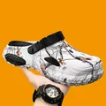 Breathable white clogs with leaf camouflage pattern and black strap for summer beach wear - White Black