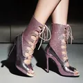Pink glitter stiletto sandals with metallic snakeskin texture and lace-up front. - 36 / Purple