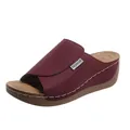 Close-up of wine red peep toe wedge slippers with decorative white stitching - 36 / Fuschia